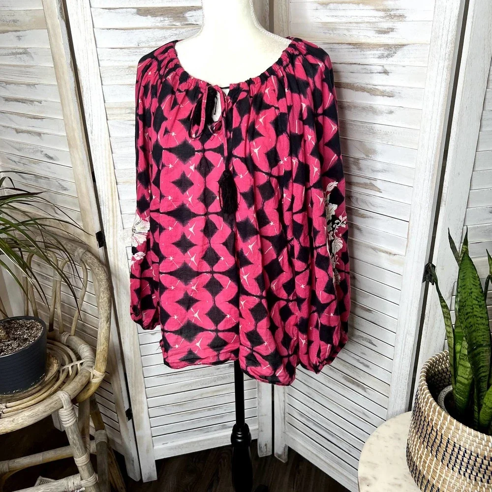 Sundance Women's Hyacinth Batik Print Gauzy Embroidered Top Bright Pink Black L - Picture 5 of 14